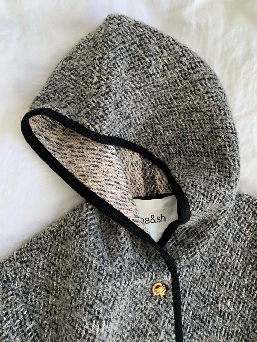 ba&sh Loctave Tweed Cotton Wool Button Trim Hood Jacket Coat Gris Black White - Picture 6 of 11